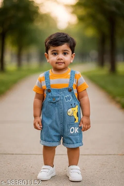 Hosiery Cotton & Denim Printed Clothing Set for Kids, Orange & Blue (9-12 Months)