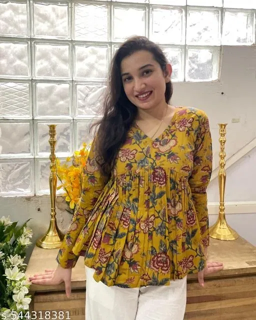 Floral Printed Regular Cotton Top for Women (Yellow, S)