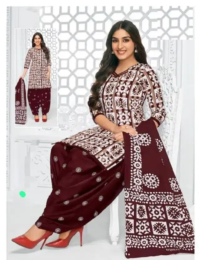Polycotton Printed Unstitched Dress Material for Women & Girls (White & Maroon)