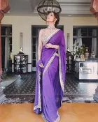 Georgette Solid Saree for Women, Purple 