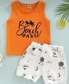Printed Hoseiry Cotton Clothing Set for Kids ,Orange & White 
