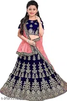 Satin Embroidered Lehenga with Choli & Dupatta for Girls (Blue & Pink, 2-3 Years)