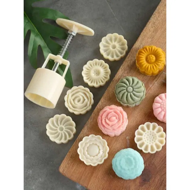 Plastics Moon Cake Moulds With 5 Press Stamps, Multicolour, Set of 1