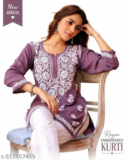 Chikankari Embroidered Short Kurti for Daily/Office Wear for Women (Purple, XL)