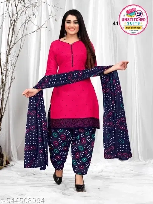 Cotton Blend Printed Salwar Suit Set for Women (Navy Blue, XXXL)