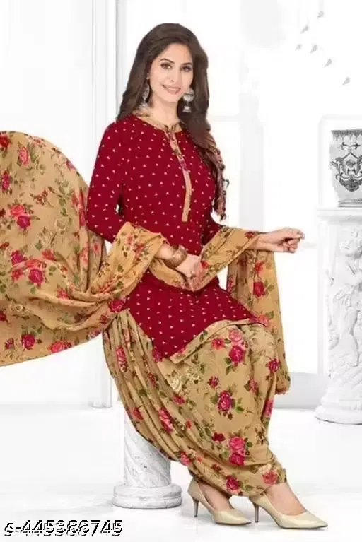 Floral Print Unstitched Suit Fabric for Women & Girls, Maroon & Beige