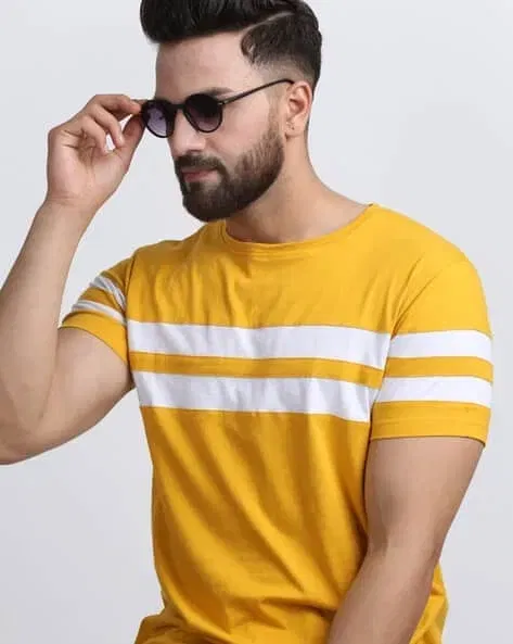 Round Neck Striped T-Shirt for Men (Yellow, XL)