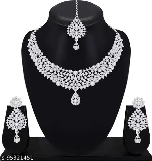 Alloy Necklace with Earrings & Maangtika for Women (Multicolor, Set of 1)