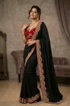 Bollywood Chiffon Saree with Ready Made Blouse and Embroidery Work for Women 