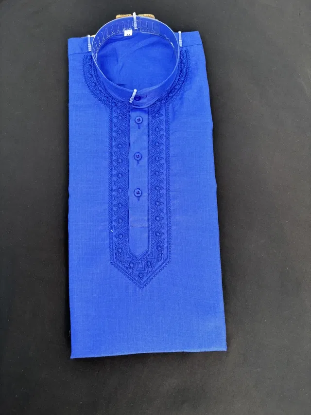 Cotton Embroidered Kurta for Men (Royal Blue, L)