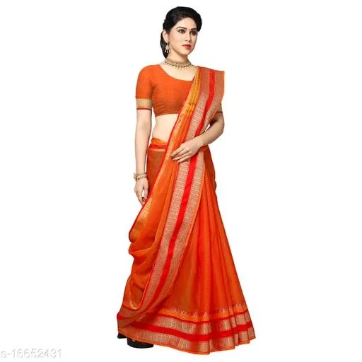 Kota Doria Cotton Saree for Women (Orange)