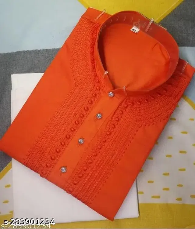 Cotton Blend Embroidered Kurta with Pyjama for Men (Orange, XL)
