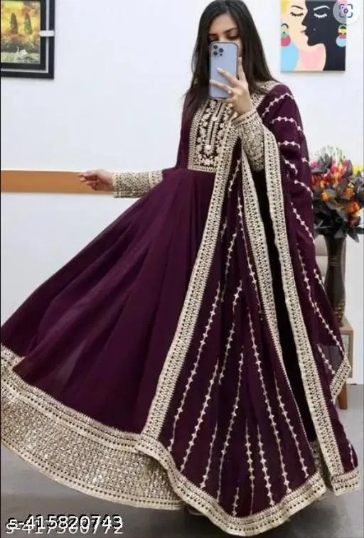 Embroidered Kurta Set with Dupatta for Women (Purple, XXL)