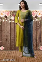 Cotton Blend Embroidered Kurta with Pant & Dupatta for Women 