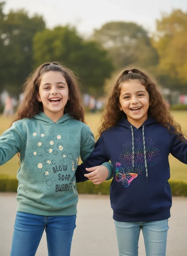 Wool Printed Hoodie for Girls, Multicolor, Pack of 2 (10-11 Years)