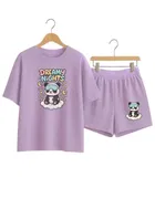 Cotton Blend Printed Top & Bottom Set for Women, Purple 