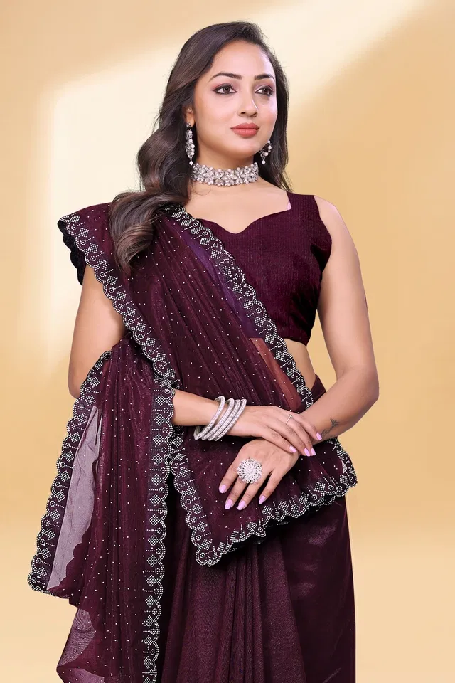 Net Embellished Saree for Women (Purple, 6.3 m)