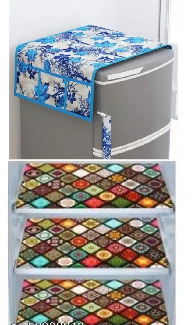 Knit Printed Fridge 3 Pcs Mat with Top Cover (Multicolor, Set of 1)