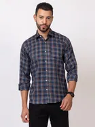 Cotton Blend Checkered Shirt for Men, Navy Blue 
