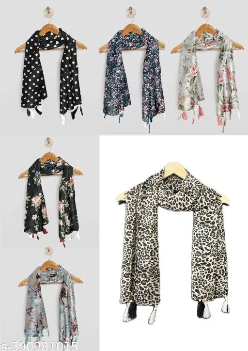 Poly Chiffon Printed Scarves for Women, Multicolor, Pack of 6