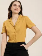 Half Sleeves Solid Crop Shirt for Women (Mustard, S)