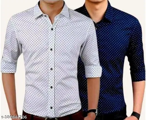 Cotton Blend Printed Shirts for Men, White & Blue, Pack of 2 (L)
