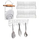 2 Pcs Stainless Steel Plate Stand & Chakla Belan Stand with Wall Mounted Ladle Rail 