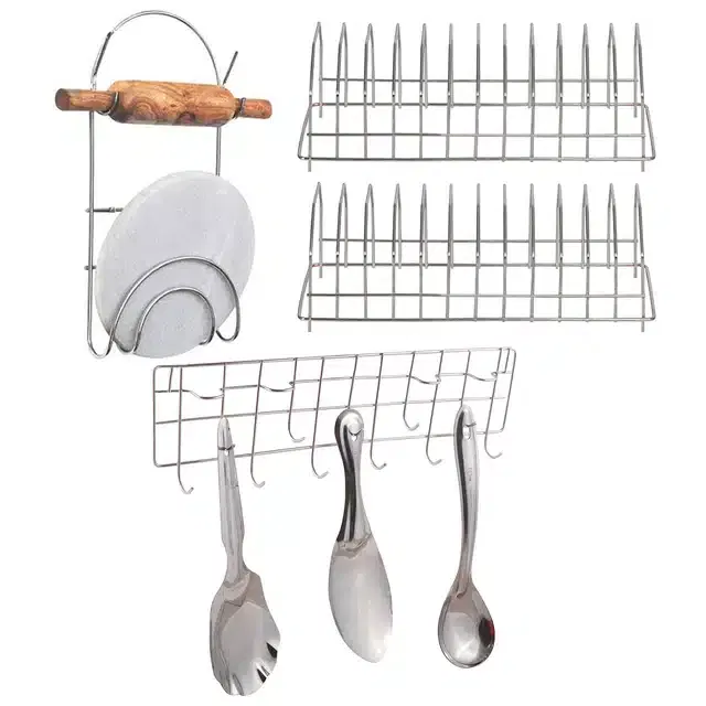 2 Pcs Stainless Steel Plate Stand & Chakla Belan Stand with Wall Mounted Ladle Rail (Set of 4, Silver)