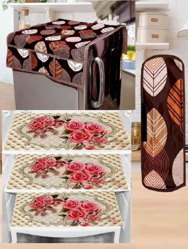PVC Printed Fridge Top Cover with 3 Pcs Shelf Mats & Handle Cover (Multicolor, Set of 1)
