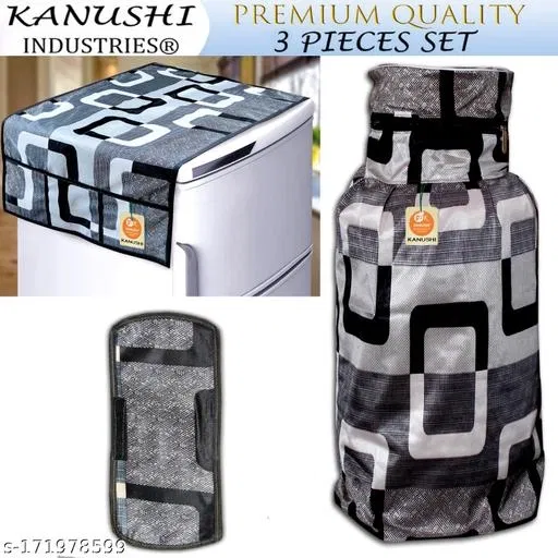 KANUSHI Industries® 1Pc Fridge Cover/Refrigerator top cover for Top with 6 Utility Pockets+1 pc cylinder cover+1 pc handle (FRI+CYL+1-HANDLE-BLACK-BOX)