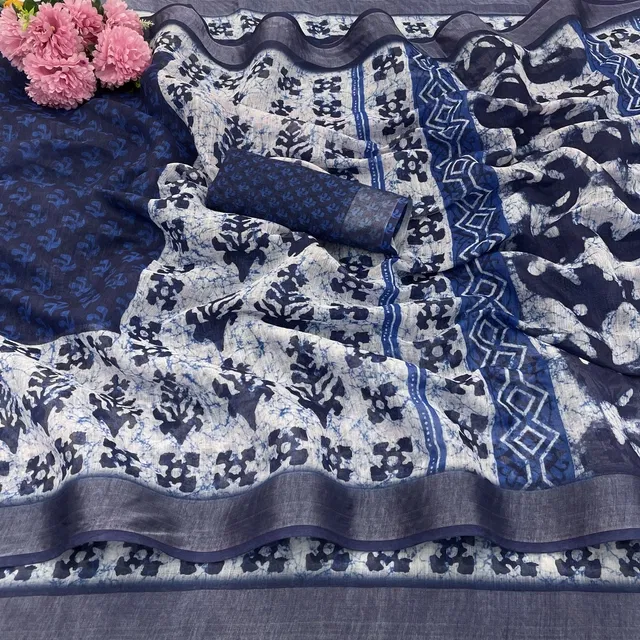 Linen Printed Saree for Women, Multicolor (6.3 m)