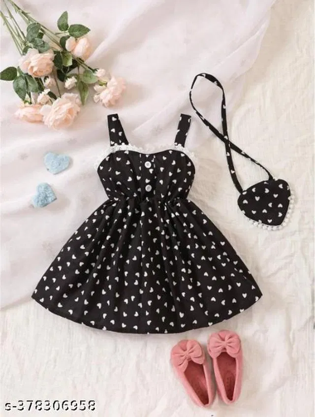 Cotton Frock with Sling Bag for Girls (Black, 12-18 Months)