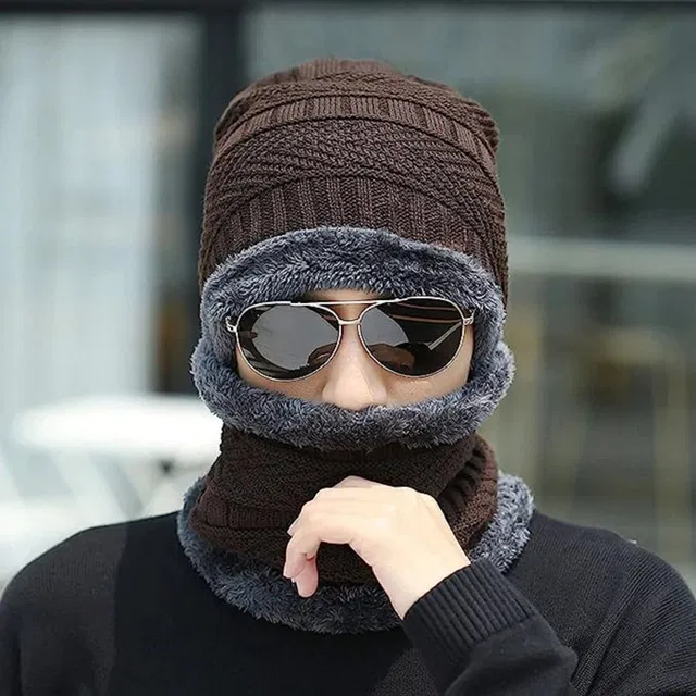 Woolen Cap with Neck Warmer for Men (Brown)