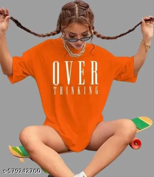 Cotton Blend Printed T-Shirt for Women, Orange (XXL)