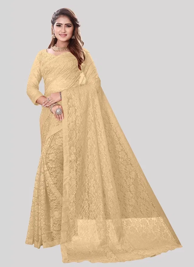 Net Floral Saree for Women (Cream, 6.3 m)
