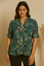 Women's Tropical Floral Print Mandarin Collar Top, Teal (L)