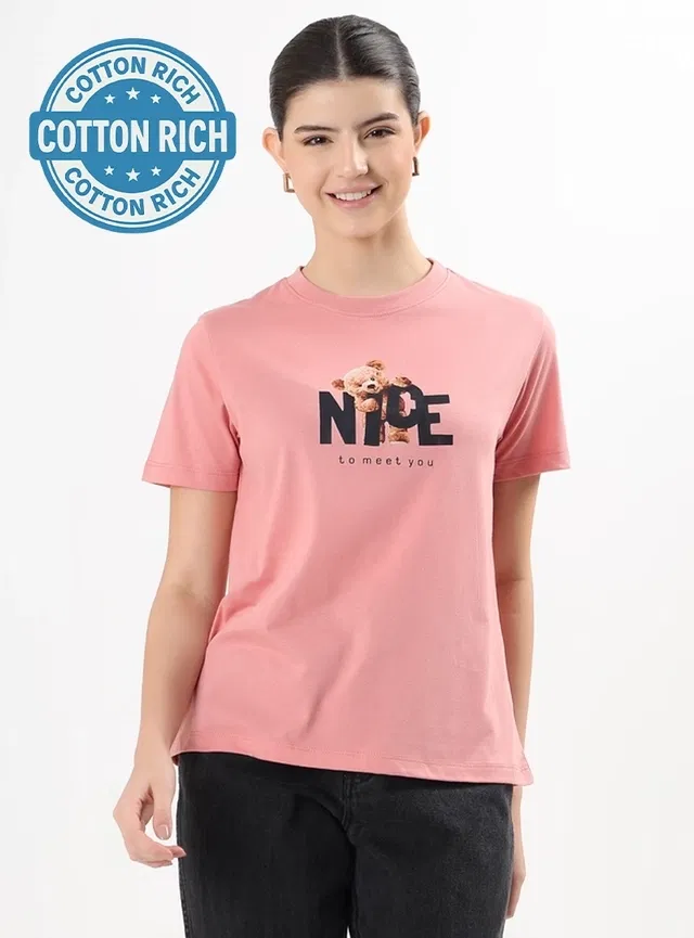 Round Neck Printed T-Shirt for Women (Pink, M)