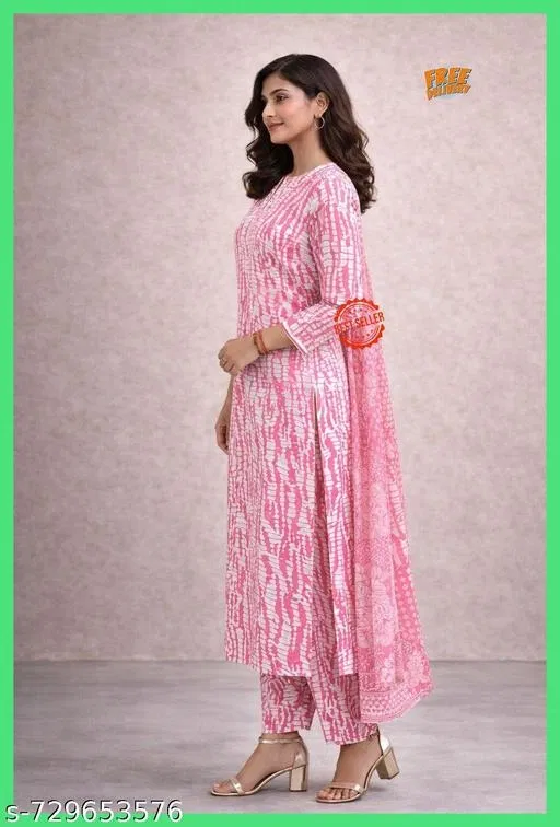 Cotton Silk Printed Kurta With Paint & Dupatta Set for Women, Peach (M)