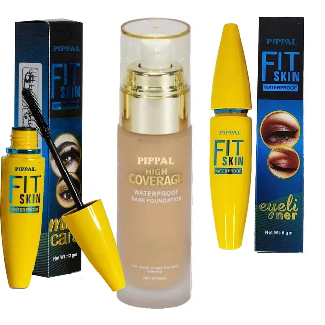 Pippal High Coverrage Waterproof Base Foundation (60 ml) with Fit Skin Waterproof Mascara (12 ml) & Eyeliner (6 ml) (Set of 3)