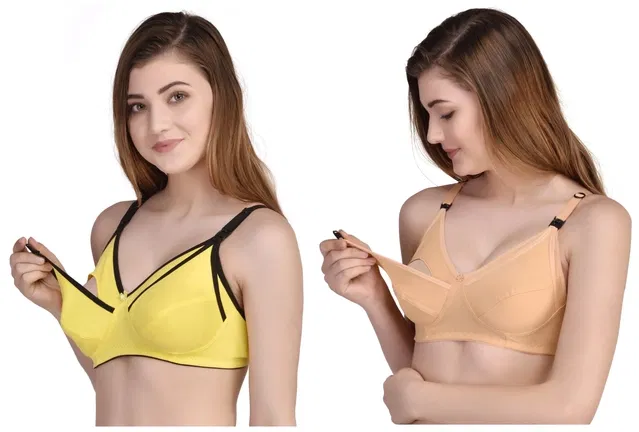 Cotton Blend Solid Non Padded Feeding Bras for Women (Multicolor, 3XL) (Pack of 2)