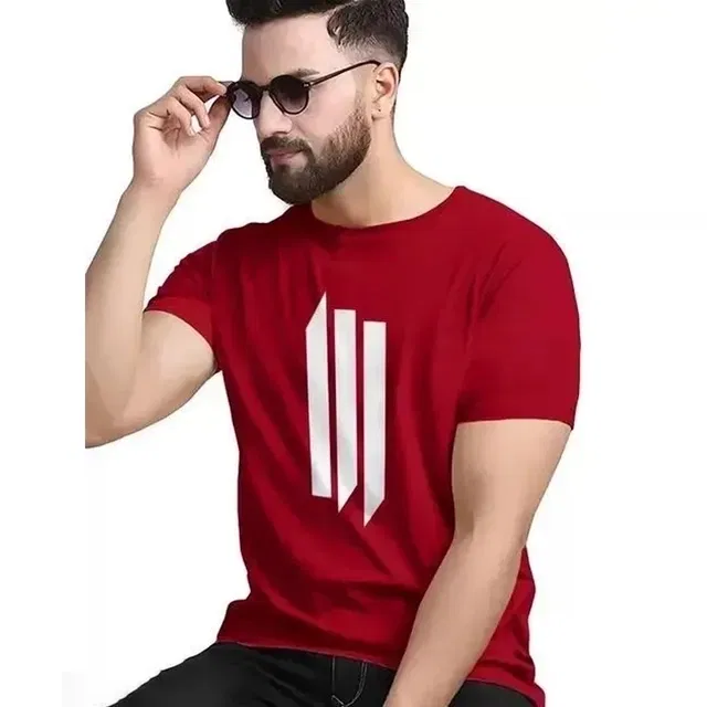 Round Neck Printed T-Shirt for Men (Red, L)