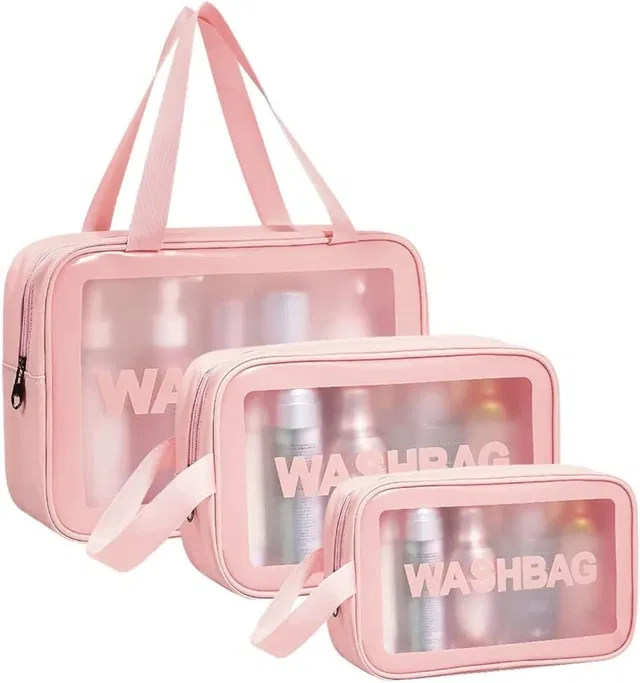 Portable Waterproof Zippered Cosmetic Bags (Pink, Set of 3)