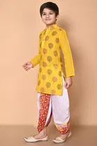 Cotton Printed Kurta with Dhoti for Boys, Yellow & White 