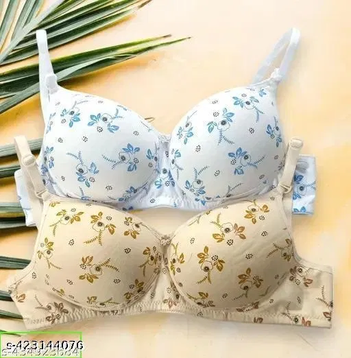 Cotton Blend Printed Bra for Women & Girls, Cream & White, Pack of 2 (40A)