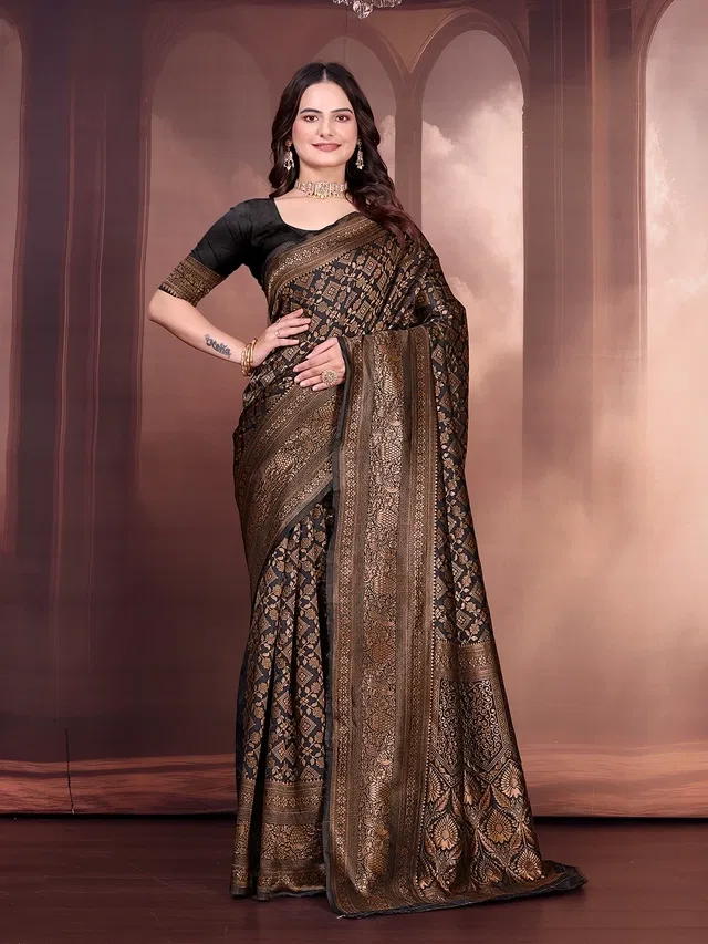 Banarasi Silk Embroidered Saree for Women (Black, 6.3 m)