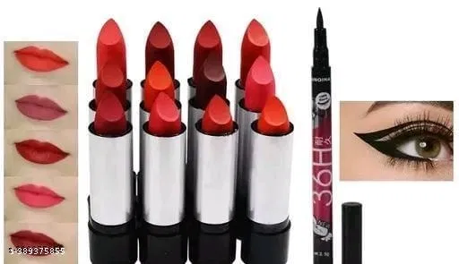 36H Eyeliner with 12 Pcs Lipsticks (Multicolor, Set of 13)