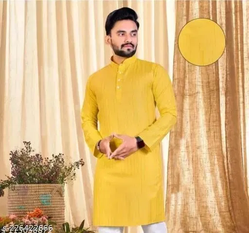 Mandarin Neck Kurta for Men (Yellow, M)