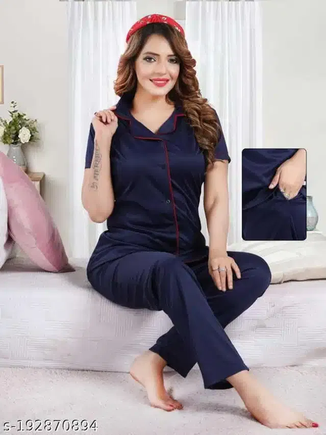 Satin Nightsuit for Women (Black, XL)