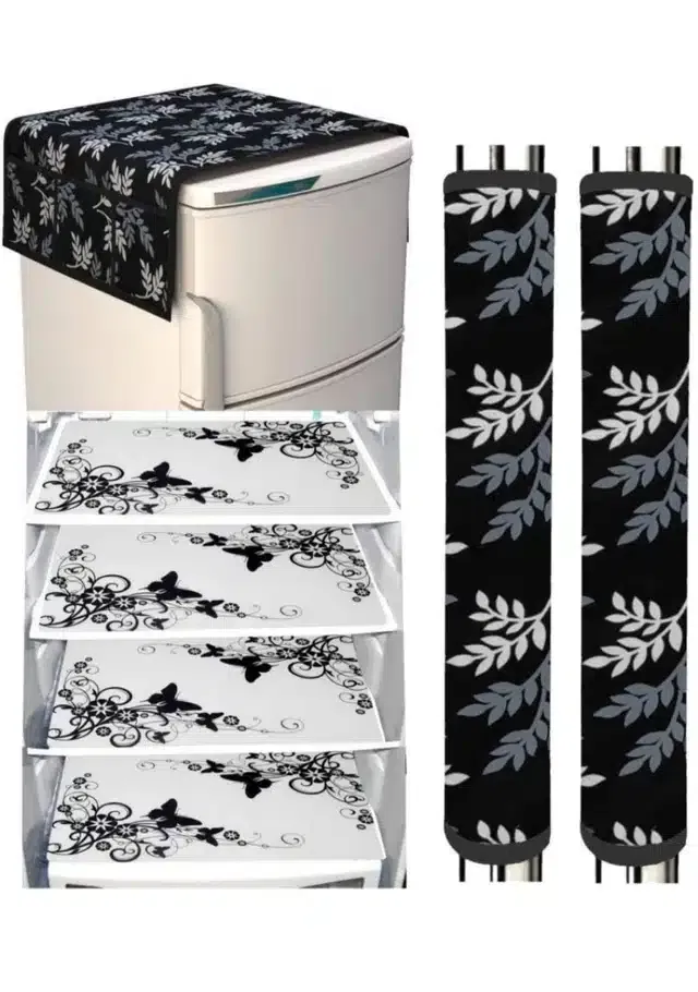 Knit Printed Fridge 4 Pcs Mat with 2 Pcs Handle & Top Cover (Multicolor, Set of 1)