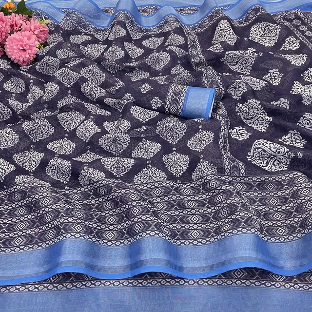 Linen Printed Saree for Women, Multicolor (6.3 m)